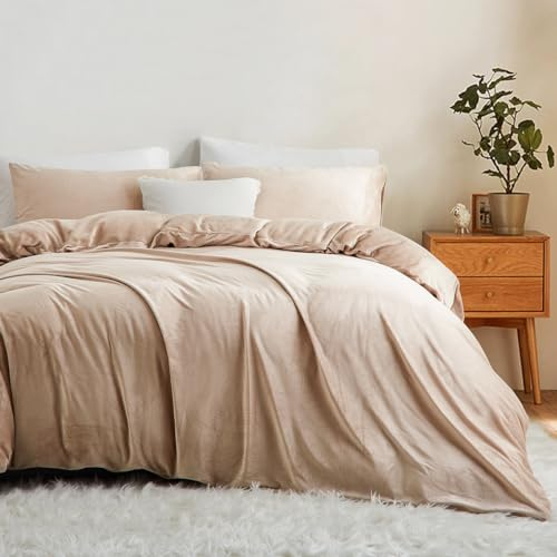 Lanqinglv Flanell Fleece Bettwäsche 135x200 cm Beige Plüsch Flauschig Winterbettwäsche Warme Cashmere Touch Biber Uni Bettbezug mit Reißverschluss und Kissenbezug 80x80 cm