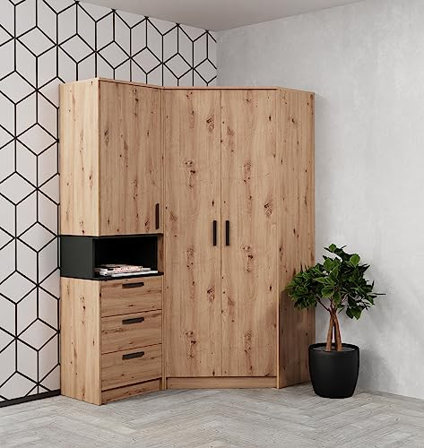 Marmex Grant Set 15A 91x195x143 EIN geräumiger Eckschrank mit Einlegeböden und Kleiderstangen EIN Standregal Soft-Close Funktion Jugendzimmer Schlafzimmer Eckkleiderschrank Artisan Eiche+schwarz