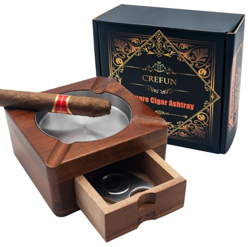 Wooden Cigar Ashtray with 4 Slot Holder & Detachable Drawer - Crefun CK4831, Compact Design for Car/Office/Golf, Men's Cigar Accessories for Dad Husband