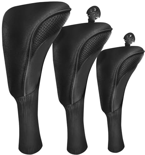 FINGER TEN Golf Club Head Covers for Woods Long Cover Driver Hybrid Fairway, Headcovers with Interchangeable No. Tag Novelty Durable Fit Woods Clubs (Dark-3 pack (1 Driver& 1 Fairway&1 Hybrid))