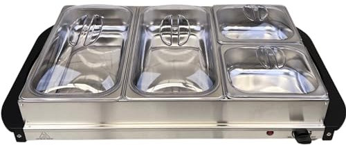 DBL MAX 6L Buffet Food Warmer with Lids – Extra Large Stainless Steel Warming Tray, 4 Sections, 2x2.5L & 2x1L Buffet Trays – 300W Portable Catering Hot Plate Server for Home & Events