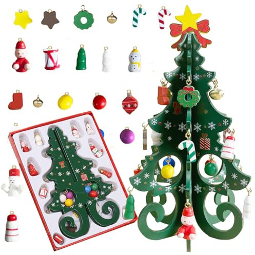 Mini Weihnachtsbaum mit 24 Anhänger Adventskalender, 3D DIY Künstliche Holz Weihnachtsbaum, Geeignet als Spielzeug, Geschenk oder Weihnachtsdekoration