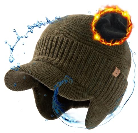 TOP-EX Bonnet d'hiver unisexe imperméable 80 % laine mérinos tricotée avec visière et cache-oreilles, doublure polaire chaude, idéal pour le temps froid et les sports de plein air, M-L