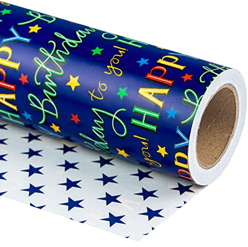 RUSPEPA Wendbares Geburtstagsgeschenkpapier – Minirolle – 43,2 cm x 10 m – Bunter „Happy Birthday“-Schriftzug und SternenDesign für Partys, Babypartys, Feiertage