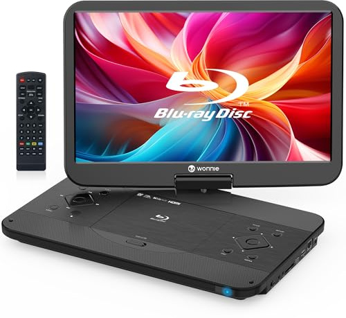 WONNIE 17.6 Portable Blu Ray Player with 15.4 1080P Full HD Large Swivel Screen, Blu-ray DVD Player with HDMI Out & AV in, Built-in Rechargeable Battery, Support MP4, MOV Video & USB/SD Card