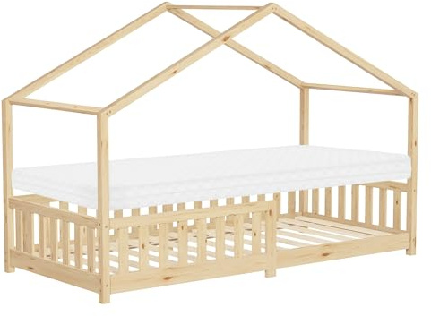 ML-Design barnsäng hussäng 90x200 cm naturfärgad med madrass H:10 cm träsäng med fallskydd ribbotten tak leksäng av furu för barn Montessori golvsäng sängram juniorsäng lekfullt design trygg och säker