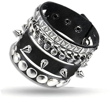 HUSHRICH 3Pcs Punk Rock Leather Bracelets Set, Punk Studded Bracelet Spiked Leather Cuff Bracelet for Men Women, Adjustable Gothic Wrap Wrist Cuffs Emo Jewellery