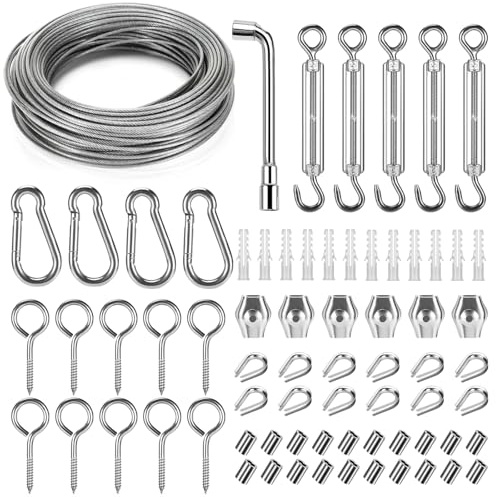 Alitree 35 M Φ 3 MM Kit de cables de acero inoxidable para colgar, cable de acero recubierto de PVC con Tensor Cuerda M5 para plantas trepadoras, tendedero exterior, lámpara colgante