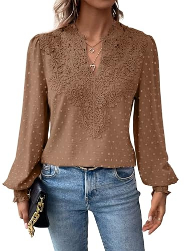 Falechay Plus Size Tops For Women Elastic Loop Dressy Casual V Neck Summer Flowy Blouses Winter Boho Shirts Mocha L