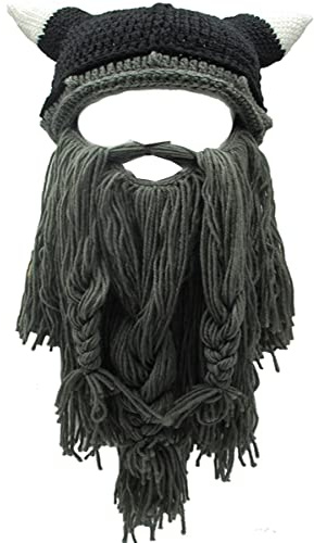 YEKEYI - Cappello invernale caldo a forma di elmo di vichingo con corna e barba, lavorato a maglia, in lana, divertente, Taglia unica