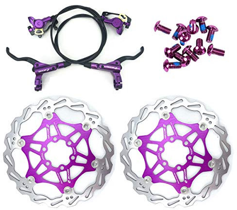 NYK Zoom Hydraulic Disc Brakes Mountain Bike Sets MTB Front & Rear Set with Floating Disc Rotor 160mm & Color Bolts (Purple)