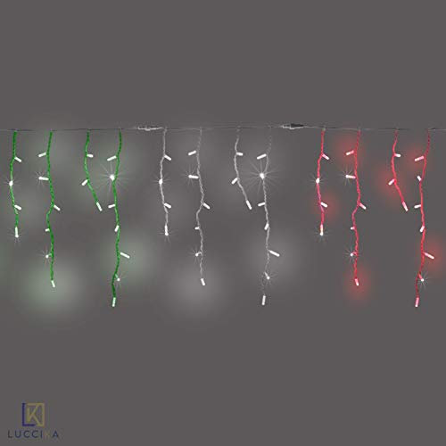 Luccika Professional Line Stalattiti con Tricolore Bandiera Italiana tenda a pioggia con MaxiLed e Flash Bianco Ghiaccio per uso esterno interno (9 metri con 360 Led)