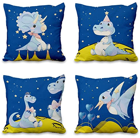 Aoihrraan 16 x 16 Inch Cute Cartoon Animal Cushion Covers Dark Blue Starry Sky Dinosaur Planet Square Linen Baby Decorative Throw Pillow Cover Children's Party Kid Sofa Bed Car, 41x41cm Sets of 4