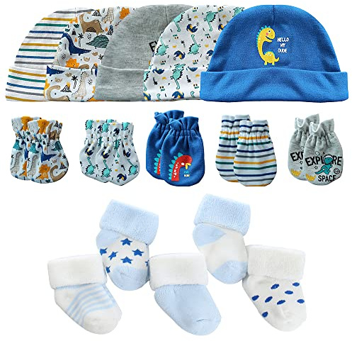 MAMIMAKA Baby Caps handskar och tjocka varma strumpor bomull nyfödda Essentials tillbehör (hattar + handskar+Terry strumpor), 0–6 månader, Set-1 blå/grå/dinosaurie, 0-6 Månader