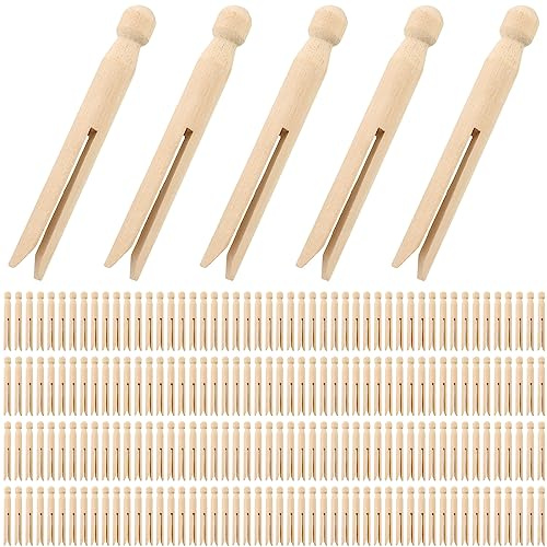 Zubebe 200 Pack Wooden Clothespins 4.3 Inch Vintage Dolly Clothes Pegs Wood Clips Old Fashioned Traditional Cloth Pin for Laundry Hanging Home Outdoor Clothesline Kitchen Travel(Round)
