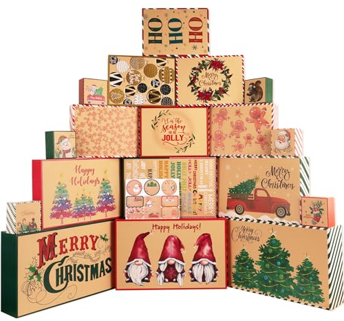 Weihnachten Geschenkboxen mit Deckel-18 Stück Brown Kraft Paper Weihnachts Verpackung Boxes Set, Urlaub Weihnachtsboxen in Sortierte Größen,Weihnachtsschachteln mit Namensetiketten(4 Größen,18 Muster)