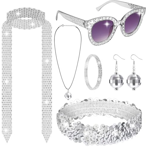 Accessoire Disco Déguisement Disco, Boucles d'Oreilles, Bandeau Paillettes, Lunettes de Soleil, Collier, Bracelet et Cravate en Strass pour Soirée