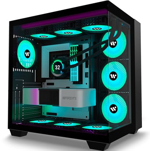 KEDIERS PC Gehäuse- vorinstalliert 9 ARGB-Lüfter, ATX Mid Tower Gaming Gehäuse, mit doppeltem gehärtetem Glas Vollbild Computergehäuse (Schwarz, H9)