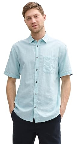 TOM TAILOR Camisa de Manga Corta para Hombre de Corte Regular con Porcentaje de Lino, 37198 - Cambray Turquesa Pastel, M