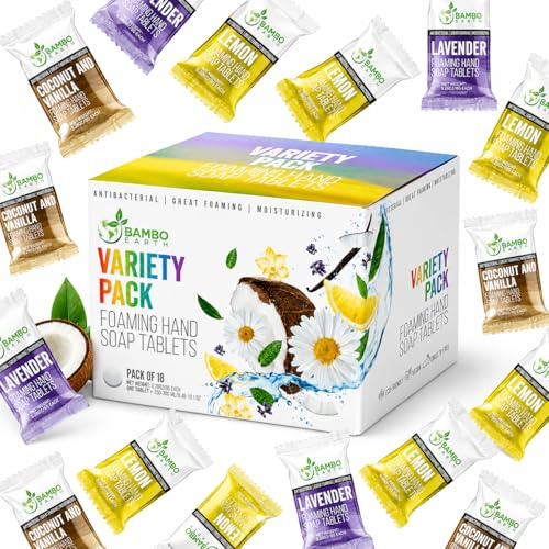 18 Pack Natural Foaming Hand Soap Tablets - Soft Moisturizing Handwash Tab Refills - 1 Tablet = 9 Oz Refillable Liquid Wash Foam Handsoap - Eco-Friendly Paper Softsoap Refill Tabs (Variety Pack)