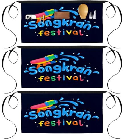 VAPOKF 3 Packungen Taillenschürze, kurze Kellnerschürze mit 3 Taschen, halbe Schürze zum Kochen, Backen, Hausreinigung, Restaurant, Arbeit, Bistro, Bar – Songkran Thai Festival Wasserpistole, multi,
