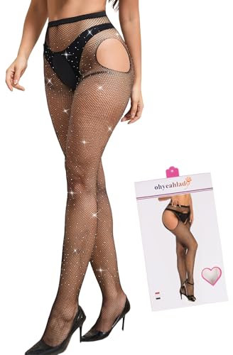 ohyeahlady Taglie Forti Collant Aperti al Cavallo Strass Scintillanti Calze a Rete Elastiche Traspiranti Autoreggenti Aperta Vita Alta Stockings con Apertura Intimo Curvy Lingerie (Nero,3XL-5XL)