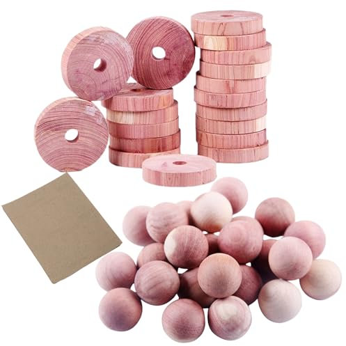 YUGN Mottenkugeln Kleidung Mottenscheiben Set - 20 Mottenkugeln und 20 Scheiben und 1 Schleifpapier - Anti Motten - Rotes Zedernholz gegen Motten ohne chemische Konservierungsmittel - poliert & glatt