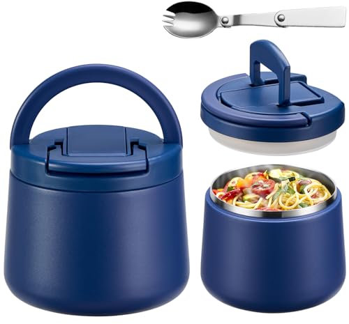 Itslife Thermobehälter für Essen 420ml, Warmhaltebehälter Essen Edelstahl mit Schnallendeckel und Löffel, Thermo Lunchbox Kinder Auslaufsicher, Essensbehälter für Picknick, Schulen und Büros, Blau