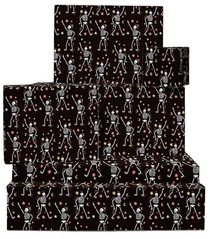 Carta da regalo nera - 6 fogli di carta da regalo - Danza degli scheletri - Carta da regalo divertente per uomo donna - Compleanno Halloween Natale - Fornita con adesivi - Di Central 23