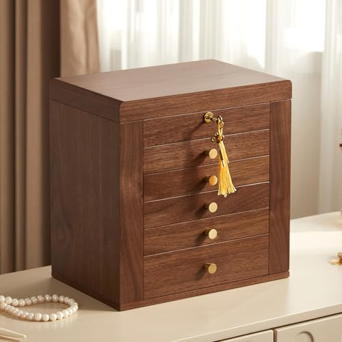 Homruilink Joyero de madera nogal negro, 2 puertas laterales con espejo y cerradura, estilo clásico, 6 compartimentos para collares y anillos, Regalo para Ella