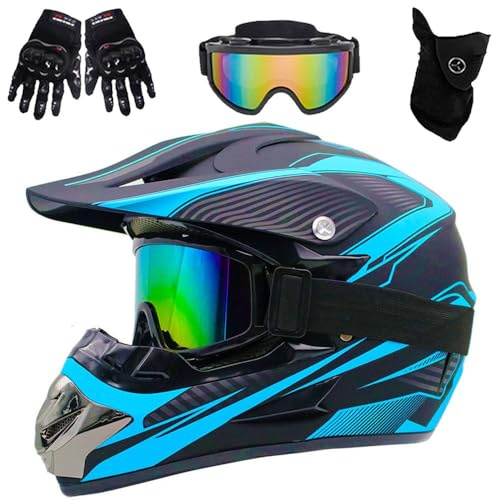 Casques de Motocross Unisexes pour Enfants Et Adultes, Casques IntéGraux Tout-Terrain, VTT, Dirt Bike, BMX, avec Lunettes, Gants Et Masque, HomologuéS Dot(125 Blue Lines,L(56-57cm))