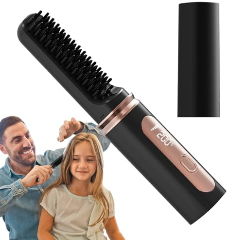 Plancha para el pelo – Peine cepillo alisador sin cables, plancha rizadora temperatura ajustable recargable por USB Menos daños para peinar liso volumen