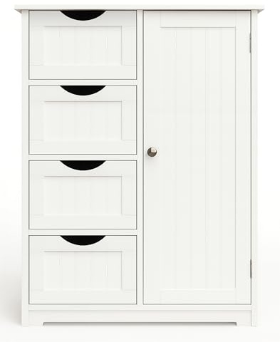 Bestfor Freestanding Bathroom Cabinet. Wooden Storage Unit with 4 Drawers, Single Door with Adjustable Shelf, Hallway, Kitchen, Stow Clutter Away, Stylish, Chest of Draws, 4 Tier Floor Cabinet