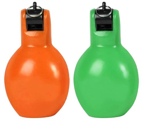 CRDARAAV 2 silbatos de mano para apretar, silbato deportivo fuerte para senderismo, interior y exterior, verde y naranja, 12 x 6,5 cm