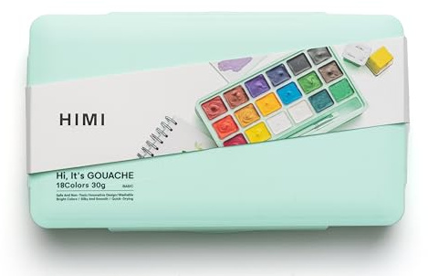 HIMI Jelly Cup Gouache Set 18 Paint Colours, 3 Brushes, Paint Pallete, Green Case, Add Water to Reactivate, Smooth, Rich Colours, Gift, Artist Art Supplies, Large Scale Art Work to Fine Details