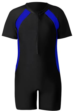 Okdance Costume da bagno per ragazzi e ragazze, costume intero per bambini, a maniche corte, costume da bagno per l'estate, surf, nuoto, sport acquatici, ragazzo ragazza, Blu, 6-8 anni