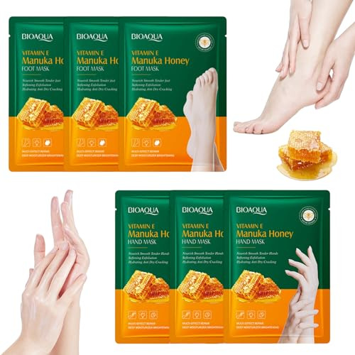 Lot de 6 Masque Main et Masque Pied,Miel Masque Exfoliant Pied,Masque Soin Pied,pour Sèche et Craquelée,Masque Nourrissant