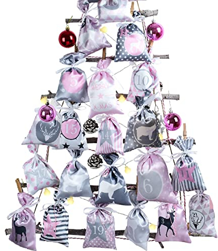 Adventskalender zum Befüllen Groß (12x21,5cm), 24 stoffsäckchen Kette zum selber Basteln und Aufhängen, 2025 Weihnachtskalender zum selbst füllen mit Rosa Grau Stoff Säckchen für Kinder Mädchen Frauen
