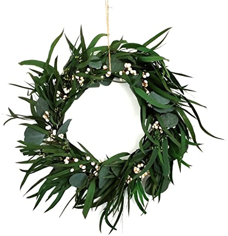 Corona rústica de flores naturales preservadas de 16 pulgadas, decoración de primavera y verano, hojas de eucalipto verde natural, bayas de sebo blanco, decoración de ventana y puerta del hogar