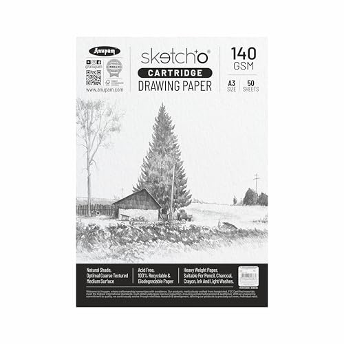 Anupam Papel de dibujo y dibujo para artistas, 140 g/m², A3, paquete de 50 unidades para dibujar y dibujar con lápiz, carbón, grafito, tiza pastel, tiza, pastel al óleo y cera, para artistas y