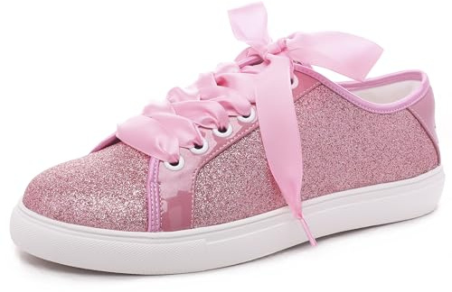 Elivandon 16051 Wedding Shoes Bling Bridal Sneakers Flats Bride Tennis Shoes Shiny Sequin Shoes Sparkly Sneakers Colour Pink,Size 5.5 UK/39 EU