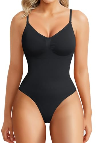 BRABIC Bodysuit Shapewear for Women Tummy Control Panties Seamless Sleeveless Tops V-Neck Camisole Jumpsuit(Black Thong, Medium/Large)