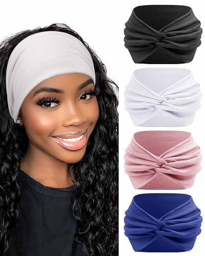 BELEVO Bandeau Cheveux, 18cm Extra Large Bandeaux Mode pour Femme, Turban Élastique, 4 Pcs Serre Tête, Headband Multicolore, Accessoires Cheveux