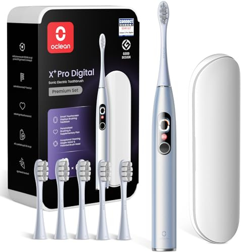 Oclean Schallzahnbürste X Series Pro Digital Travel Set mit Touch-Display, 6 Bürstenköpfe mit Reiseetui & Timer, 3 Modi Elektrische Zahnbürste, Electric Toothbrush mit 30 Tage Akkulaufzeit, Perlsilber