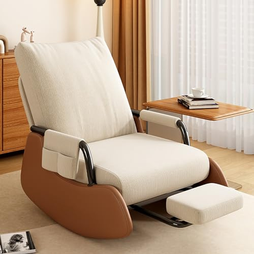 Nursing Rocking Chair with Footstool - Modern Glider Chair for Living Room Bedroom, Comfy Wood Base and Side Pocket, Folding foot pad