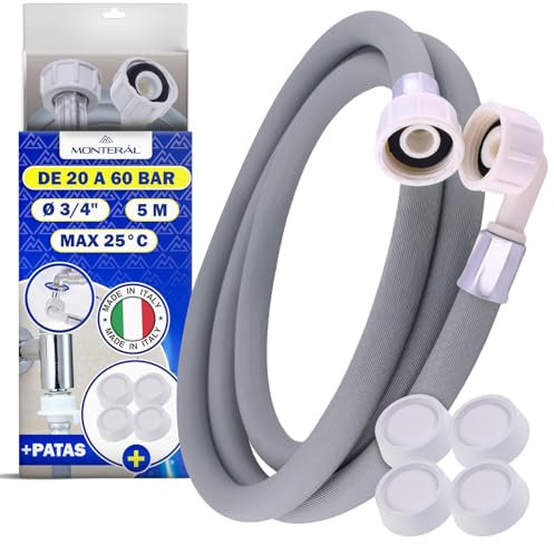 Tuyau Machine à Laver et Lave Vaisselle 5 m pour Arrivee Deau 25°C de 20 à 60 Bar Connexion est Droite et Coudée Ø 3/4 - Complet 4 Patin Anti Vibration Machine à Laver - MADE IN ITALY - MONTERAL