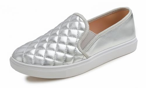 Feversole Women's Fashion Slip-on Sneaker Casual Flat Loafers,Baskets à Enfiler à la Mode pour Femmes Mocassins Plats décontractés Élastique Cuir de Vegan matelassé Argent Taille 38