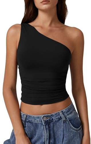 QINSEN Tank Tops for Women One Shoulder Adjustable Strap Slim-Fit Going Out Crop Top Black M