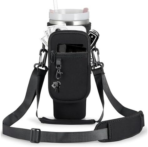 Guyode Funda para Llevar Botella de Agua Colgada, Porta Botellas de Agua con Correa Ajustable, Bolsa para Transportar Botella de Agua, Soporte para Botella de Agua con Teléfono Bolsillo (Negro)