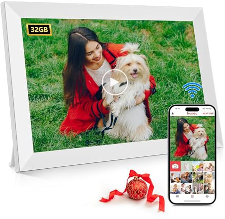 Digital Photo Frame 10.1 Inch WiFi, Built in 32GB Memory, 1280x800 HD IPS Touch Screen- Smart Electronic Digital Picture Frame, Auto-Rotate, Wall Mountable Share Photos/Videos via Frameo App (White)